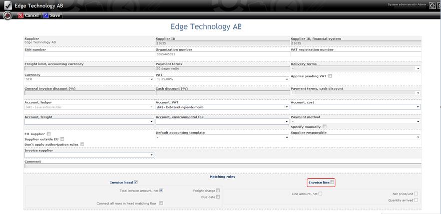 Konfigurera matchning på huvudnivå på leverantör 1. Meny: Grunddata Leverantör. 2.