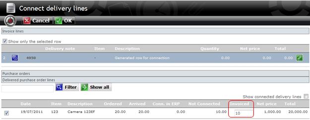 Markera kryssrutan till vänster om den rad som ska kopplas. 5. Klicka på OK. 6. Den genererade fakturaraden kopplas till inleveransraden. 7.