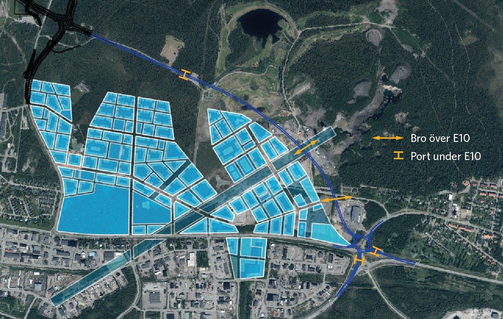 Påverkan på stadsstrukturen från de två broarna med föreslagen linjedragning blir litet och passagerna kan därför fungera som länken mellan den nya staden och Tuolluvaara och Tuolluvaara gruvområde.