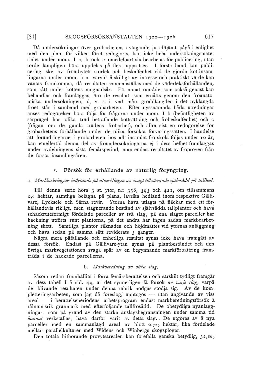 [31 J SKOGSFÖRSÖKSANSTALTEN 1922-r926 617 Då undersökningar över grobarhetens avtagande ju atjämt pågå i enighet med den pan, för viken förut redogjorts, kan icke hea undersökningsmateriaet under mom.