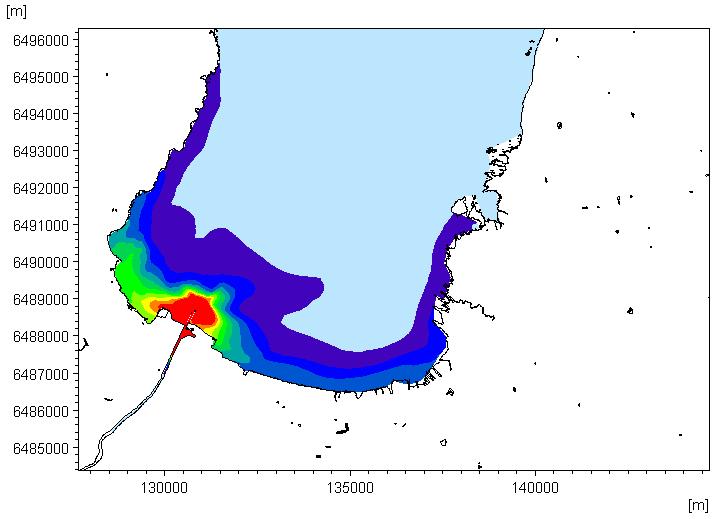 x Råvattenintag Figur 21 Simulerad maximala koncentration av E.coli för dagens ARV-flöde som någon gång inträffat under simuleringsperioden.