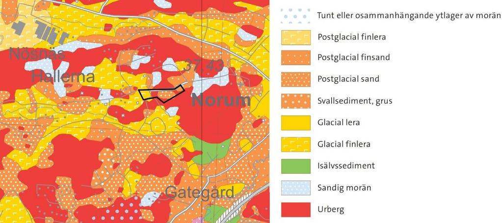 5.2 GEOTEKNISKA FÖRHÅLLANDEN Enligt SGU:s jordartskarta, Figur 2, består området av glacial finlera, postglacial sand och berg i dagen. Figur 2. Utsnitt från jordartskartan (källa: Sveriges Geologiska Undersökning).