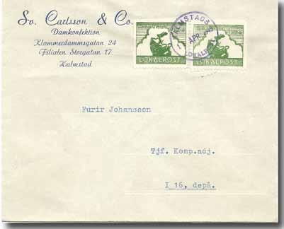 Halmstads lokalpost Vackert brev stämplat med en blå stämpel den 11 april 1945. Lokalposten öppnade den 3 april 1945.