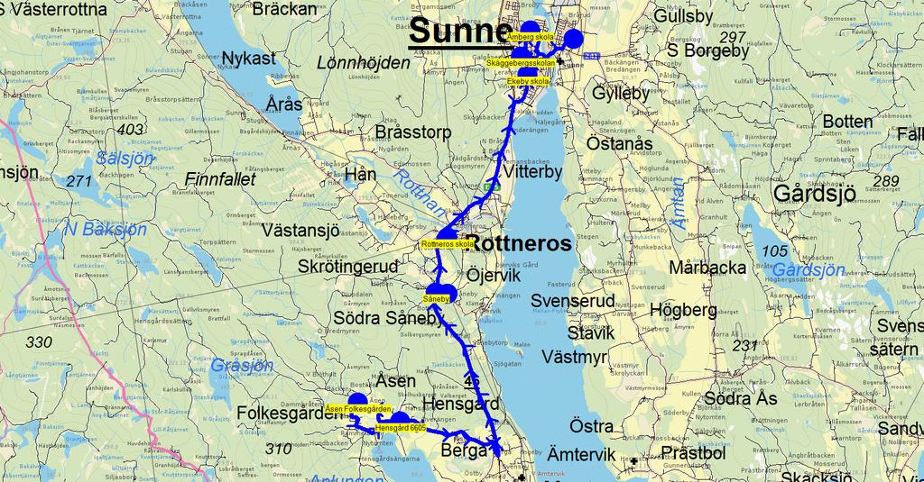 2015-08-10 16:09:29 Karta för Tur 6605 M - F Entreprenör Kils busstrafik Fordon 6603 Skolbuss 9 Sunne 6605 7.25 8.07 Hensgård 6605 - Åsen Folkesgården - Såneby - S.