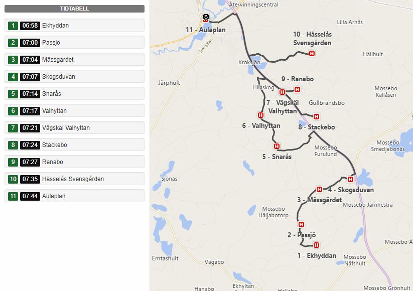 Fordon 7 22 sittplatser Fordon Rutt Sträckning Tid Notering Fordon 7 Rutt 7001 Ekhyddan Aulaplan 06:58-07:44 Rutt 7002