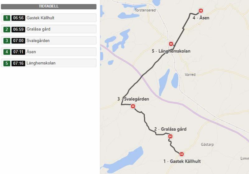 Fordon 10 22 sittplatser Fordon Rutt Sträckning Tid Notering Fordon 10 Rutt 10001 Gastek Källhult Länghemskolan 06:56-07:16 Rutt 10002