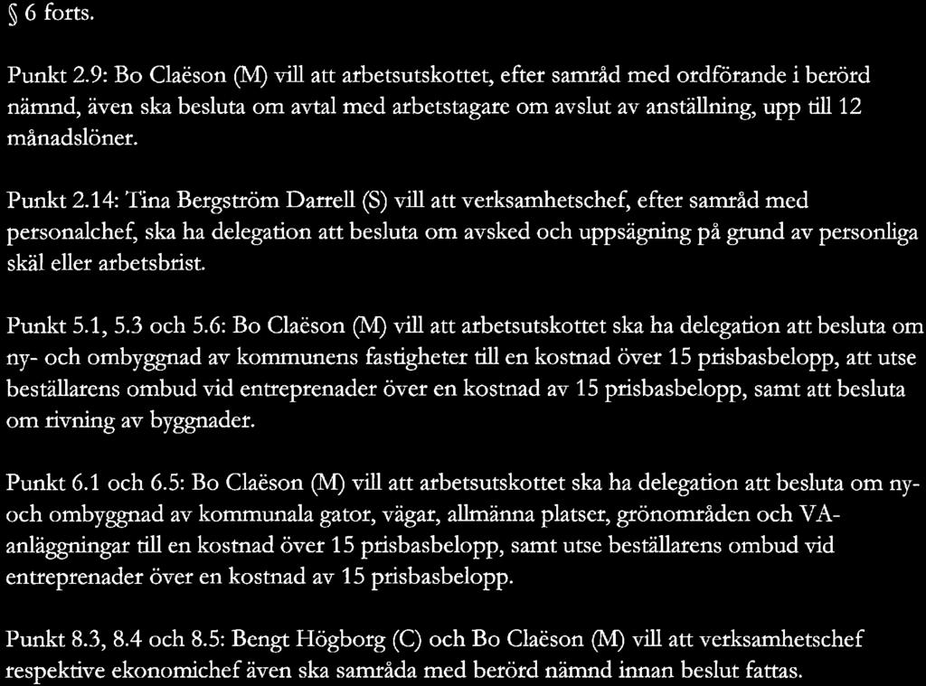 14: Tina Bergström Darrell (S) vill att verksamhetschef, efter samråd med personalchef, ska ha delegation att besluta om avsked och uppsägning på grund av personliga skäl eller arbetsbrist. Punkt 5.