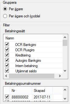 FILTER/GRUPPERA När du har några inlästa betalningsfiler har du också möjligheten att filtrera vilka betalningsjournalsnummer du vill se, och du kan filtrera på de olika betalningssätten.