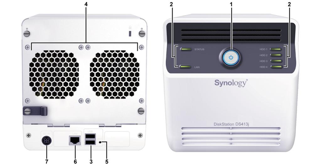 En översikt av Synology DiskStation Nr. Namn Plats Beskrivning 1) Strömbrytare Framsida Strömbrytaren används för att slå på eller stänga av Synology DiskStation.