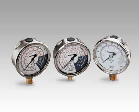 Manometrar för hydraulisk kraft och tryck Från vänster till höger: GF-20B, GF-85B, GP-10S Avläsbar referens för systemtryck och -kraft Automatisk dämpningsventil För automatisk fluktueringskontroll