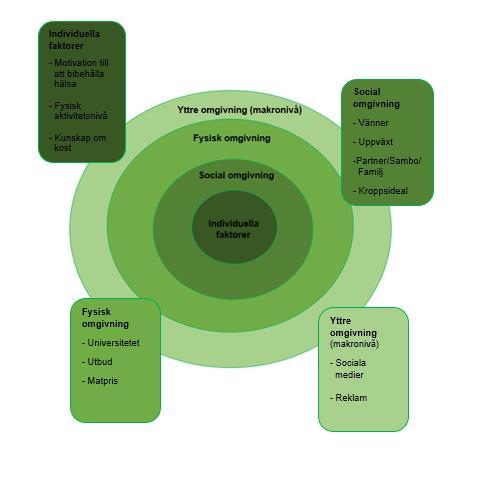Figur 1. Modell över faktorer som universitetsstudenter anser påverkar dem till att göra hälsosamma matval. Baserad på modell av Story et al. (2008).