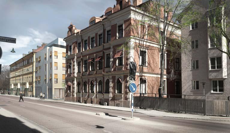Fotomontage av Dragarbrunn 5:1 och dess nuvarande fasad mot Kungsgatan i förgrunden, och kompletterad med ny bebyggelse (vit byggnad) direkt norr om.