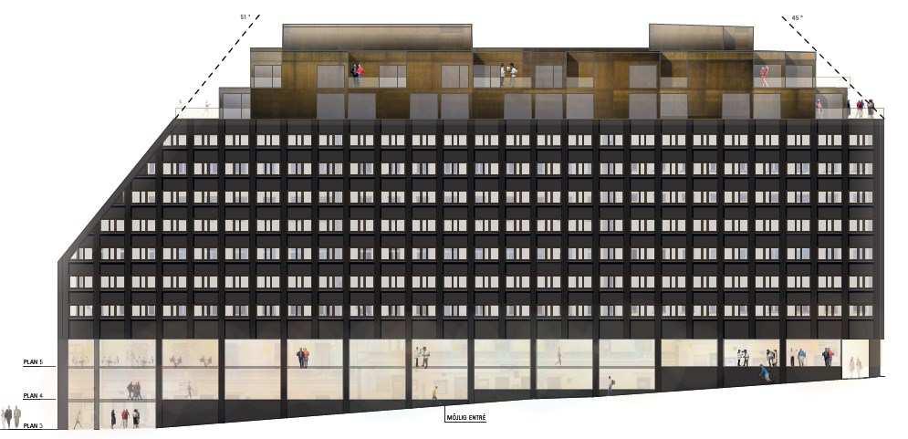 Sida 15 (28) Planförslag Påbyggnad hotell Övergripande Förslaget är att bygga på det befintliga hotellet med två hotellvåningar samt en mindre teknikvåning delad i två.