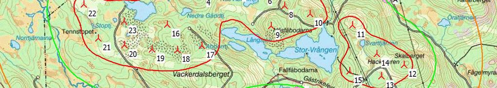 .597 DECI BEL - Karta / s Beräkning: 23 st V0, 50 Ljud [(A)] 30 (A) 34 (A) 40 (A) 45 (A) Nytt vindkraftverk 0 500 500 Karta: Lingbo,