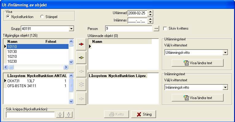 Lämna ut objektets nycklar till person. Sedan tidigare har man kunnat lämna ut enskilda nycklar och knippor i KeyControl. Det finns numera ett ytterligare utlämningsalternativ: Ut/inlämning objekt.