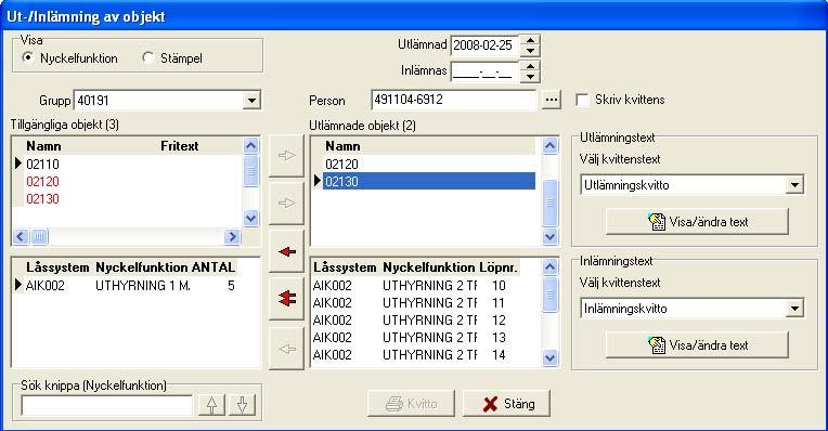 Inlämning av nycklar Inlämning av nycklar kan göras genom att i personhanteraren söka efter och markera den aktuella personen.