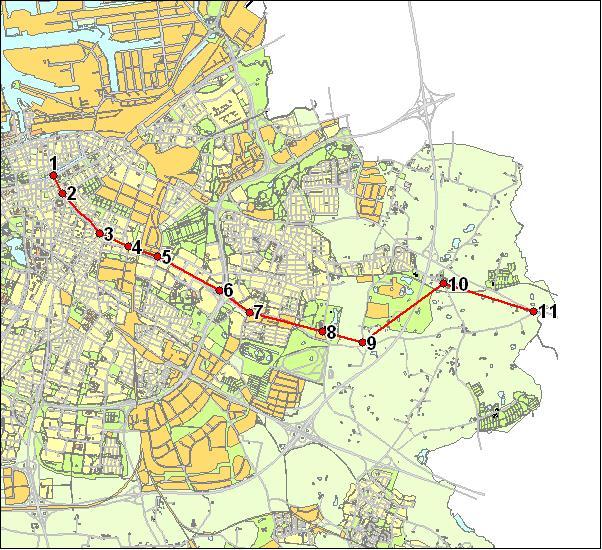 1. Drottninggatan O Amiralsgatan 2. Föreningsgatan NO Amiralsgatan 3. Nobelvägen NO Amiralsgatan 4. Östra Farmvägen N Amiralsgatan 5. Scheelegatan NO Amiralsgatan 6. Thomsons väg NO Amiralsgatan 7.