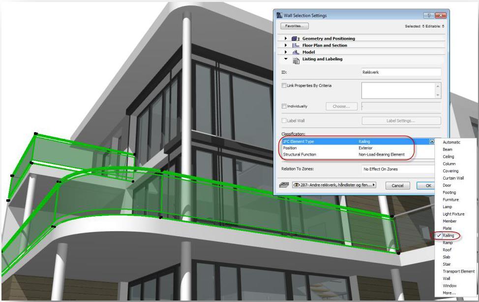 Ett räcke som är ritat med väggverktyget kommer slutligen att ha följande egenskaper tilldelade: IFC Element Type = railing Position = Exterior Structural