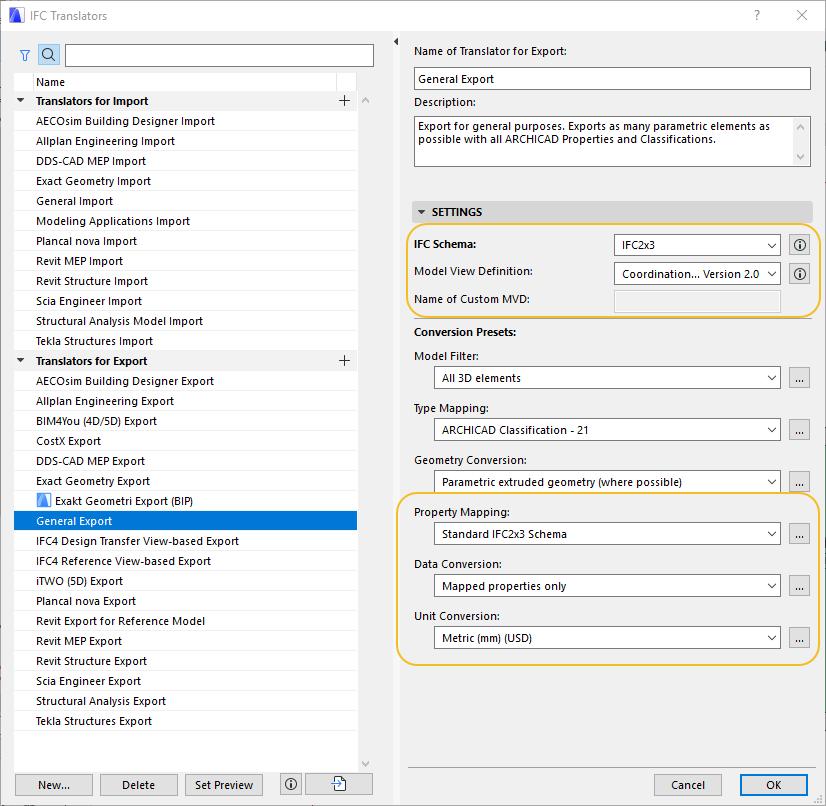 5. IFC Export-inställningar 5.1. IFC Export Settings Som nämndes i tidigare kapitel använder ARCHICAD en translator (översättare) för att öppna och spara IFC-modeller.