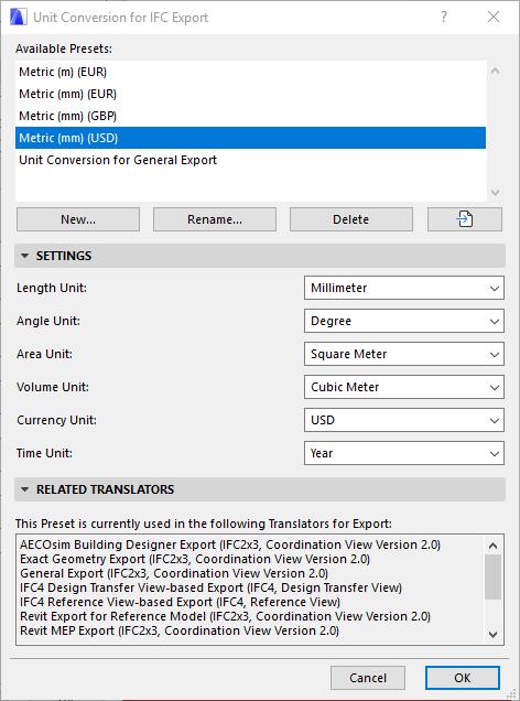 Unit Conversions Inställningar för enheter. 5.2. Exportera: Save as IFC Hela projektet eller filtrerade delar av projektet kan exporteras till IFC genom File > Save as.