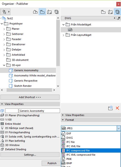 1. Aktivera Publisher-läget 2. Välj filformat 3. Välj IFC-translator 4.