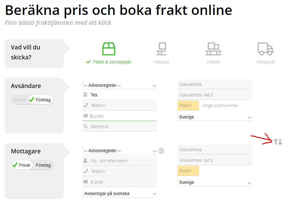 Förbetald frakt Om någon annan än du som fraktbetalare ska vara avsändare kan du använda dig av denna funktion.