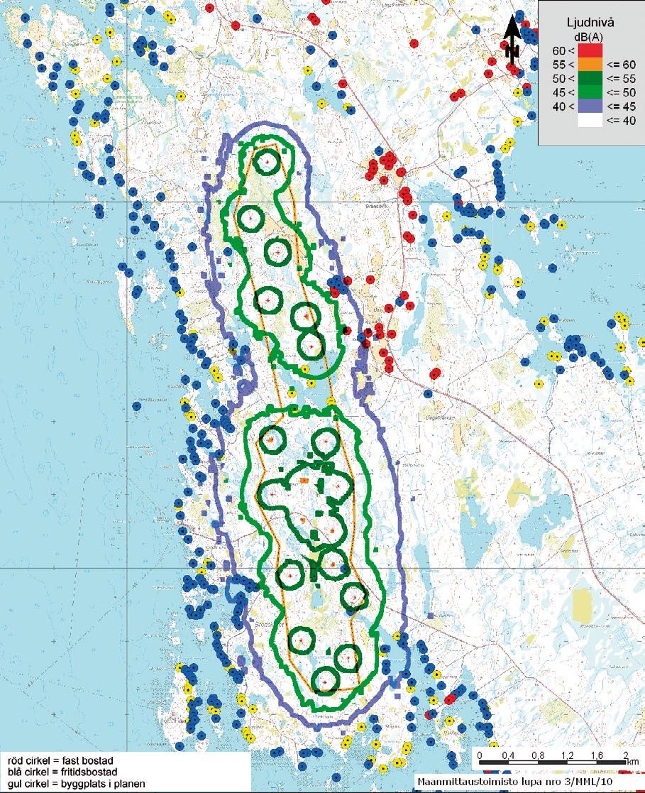 16 Bullerzoner i projektalternativ 1, bullrets utgångsnivå 105 db. Bilden visar bullerzonerna enligt riktvärdet nattetid.