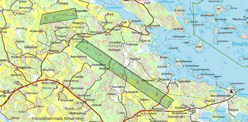 Vikboland Vind Samrådsunderlag 2014-03-28 Delprojekt Stensö-Bråxvik: lokalisering och utformning Vindpark Stensö-Bråxvik består av åtta vindkraftverk placerade längs högspänningsledningen som