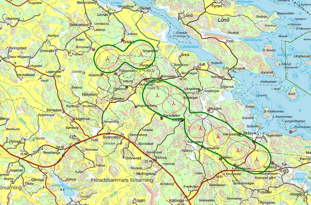 Avstånden till bostäder ska vara tillräckligt stort för att inte störa närboende. Kraven på en högsta ljudimmission på 40 dba uppfylls, se figur 18 och bilaga 2. Figur 18.