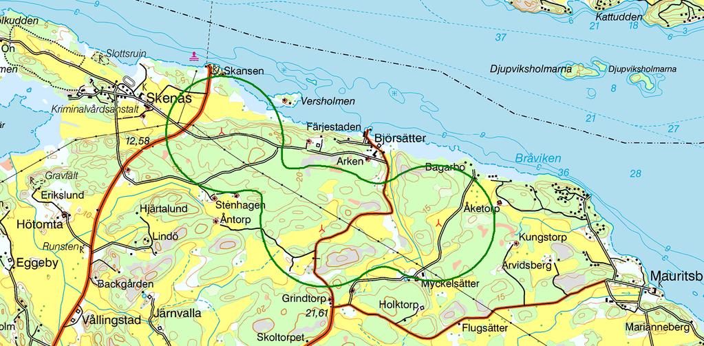 Projektområdet ligger öster om Skenäs. Avstånden till bostäder ska vara tillräckligt stort för att inte störa närboende.