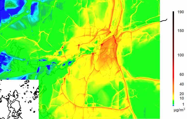 Beräkningar av källbidrag och minskningsscenarier för kvävedioxid i Göteborgsregionen R 2016:18 Figur 4 Årsmedelvärde kvävedioxidhalter, bidrag från vägtrafik.