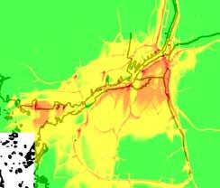Beräkningar av källbidrag och minskningsscenarier för kvävedioxid i Göteborgsregionen R 2016:18 Figur 39 Timmedelvärde (98-percentil) kvävedioxidhalter för nuläge (vänster) och för ett scenario där