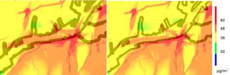 Figur 22 Dygnsmedelvärde (98-percentil) av kvävedioxidhalter för nuläge (vänster) och för minskningsscenario 6 50 % el för kollektivtrafiken på älven (höger).