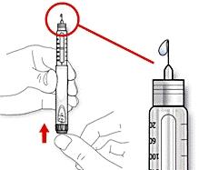 C. D. E. Håll pennan med nålen pekandes uppåt. Knacka försiktigt på insulinbehållaren så att eventuella luftbubblor stiger upp mot nålen. Tryck in injektionsknappen helt.