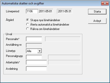 LÖNERÄKNING OCH PERIODISKA RUTINER 109 Starta beräkning av skatter och avgifter Ange lo neperiod, varvid nummer och datum fo r periodens bo rjan och slut visas pa ska rmen och marko ren stannar i