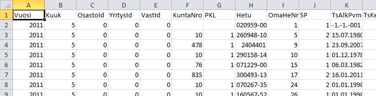 IMPORT OCH EXPORT 173 Ett exempel pa denna il importerad i Excel. Informationen i ilen byggs upp enligt: Anställningens art. Informationen tas fra n fa ltet Typ i ansta llningsuppgifterna.