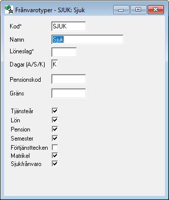 Registrera frånvarotyper Fra nvarotyperna styr hur fra nvaron hanteras, dvs ifall en viss fra nvaro skall leda till lo neavdrag, skall vara semestergrundande etc. Fo ljande uppgifter anges: Kod.