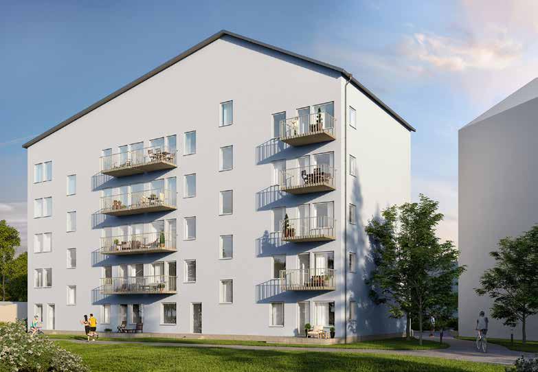 Flyttfågelns utemiljö Bostadshusen ligger i en grön miljö med gräsytor och träd som på sikt kommer att svara upp mot husens höjd och uttryck.