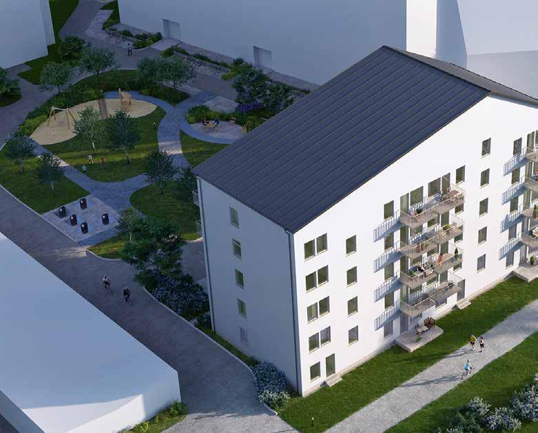 Byggnaderna bildar rumslig fond åt norr och öster, och gården har sin riktning mot eftermiddagssolen.