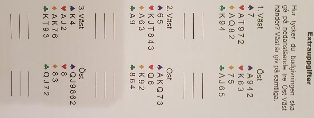 Exempel 1. V: 2-färg svag(13) V : öppnar med 1 - längsta färg 54. Ö : svarar 1 4+ sp minst 6hp. V : återbud 2 - visar 54 i hj/ru Ö: som har 3hj (ser 8hj och 12+13stp) bjuder 4 2.