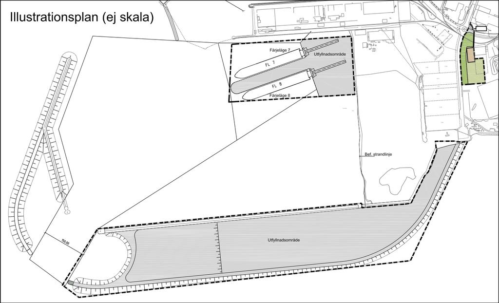 2 FÖRUTSÄTTNINGAR 2.1 PLANERAD UTBYGGNAD Ystad hamn planerar att bygga ut hamnverksamheten med ytterligare två färjelägen i ett yttre läge söder om den befintliga hamnen.