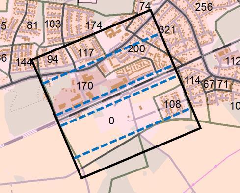 Figur 26. Kvadratkilometer kring planområdet med Södra stambanan i dess mitt (svart ruta), områdets sex delar är markerade med blåa sträck 19.