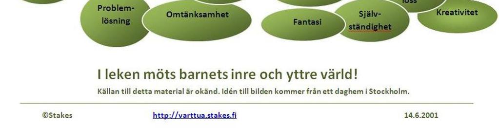 Barnets lekvärld är helgjuten, den förenar i sig kunskapsområdena och konstformerna. Verkligheten och fantasin garanterar tillsammans förutsättningar för en lustfylld inlärning.