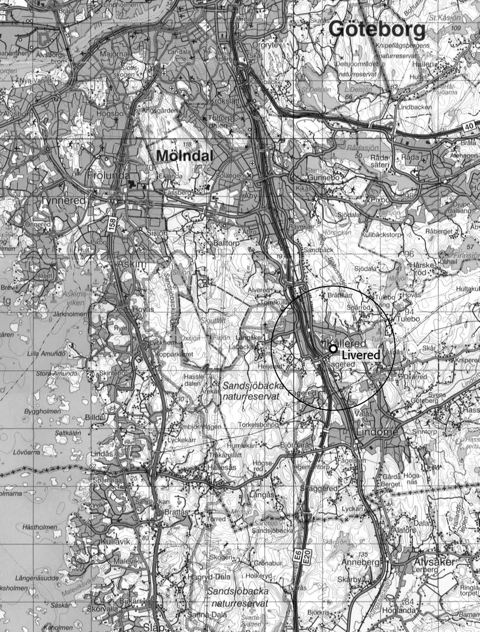 Fig. 2. Utsnitt ur Blå kartan, blad 61 Göteborg, med platsen för utredningen markerad. Skala 1:100 000.