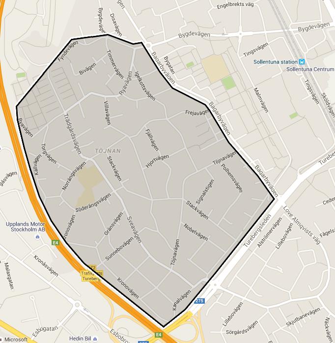 1.3 Avgränsning Töjnan ligger centralt i Sollentuna kommun. Området gränsar till Sollentuna Centrum i öster och Hansta naturreservat och Järvafältet i väster. Töjnan är ett utpräglat bostadsområde.