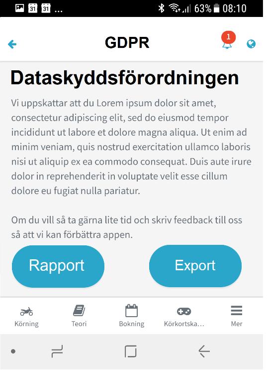 Denna knapp aktiverar en funktion som lyfter ut alla fält i enlighet med bilaga 6 och skapar en xml-fil som eleven/kunden kan spara. OBS! Det går bara att exportera från Elevcentralen.