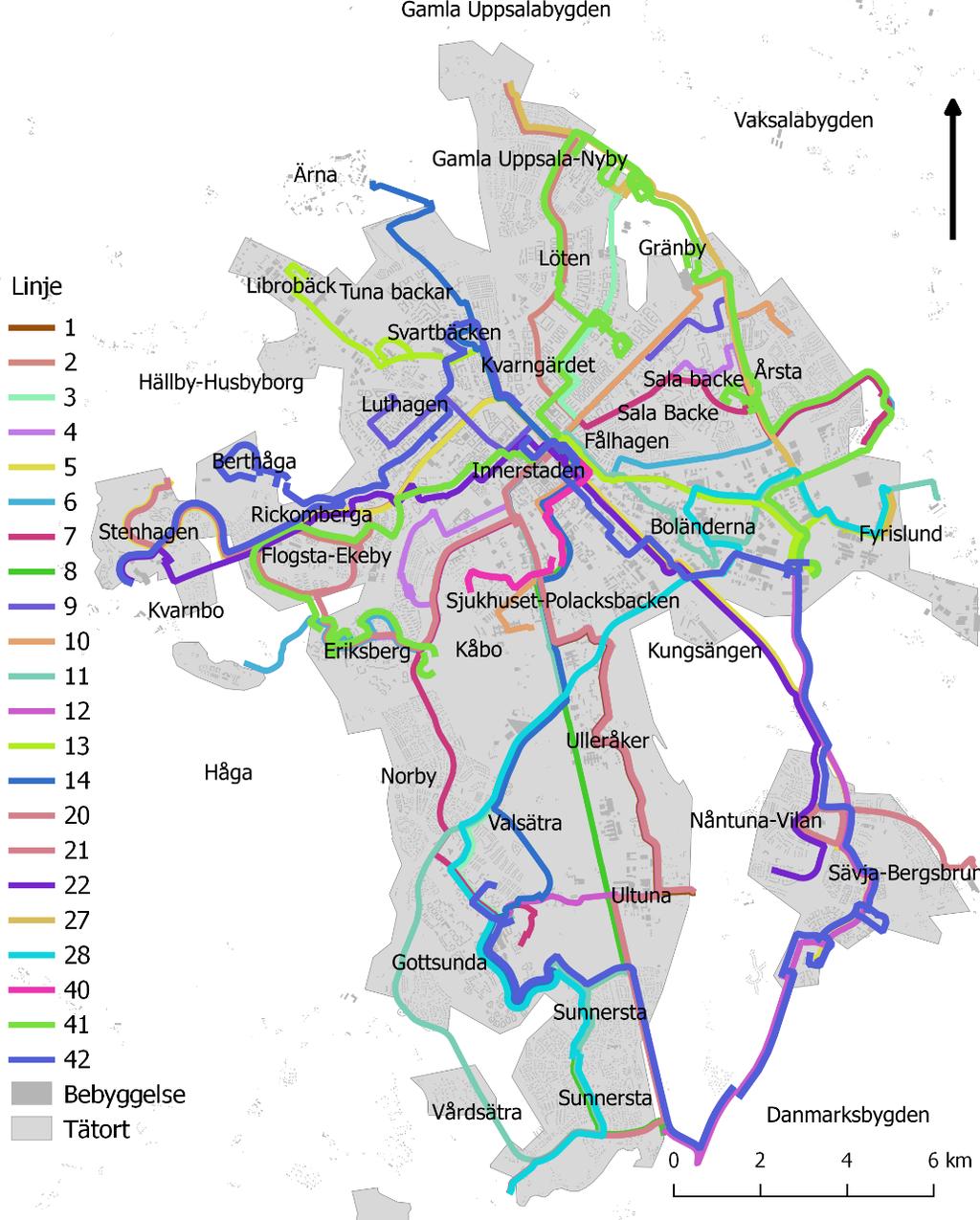 Figur 19 visar linjesträckningarna för stadstrafiken i Uppsala.