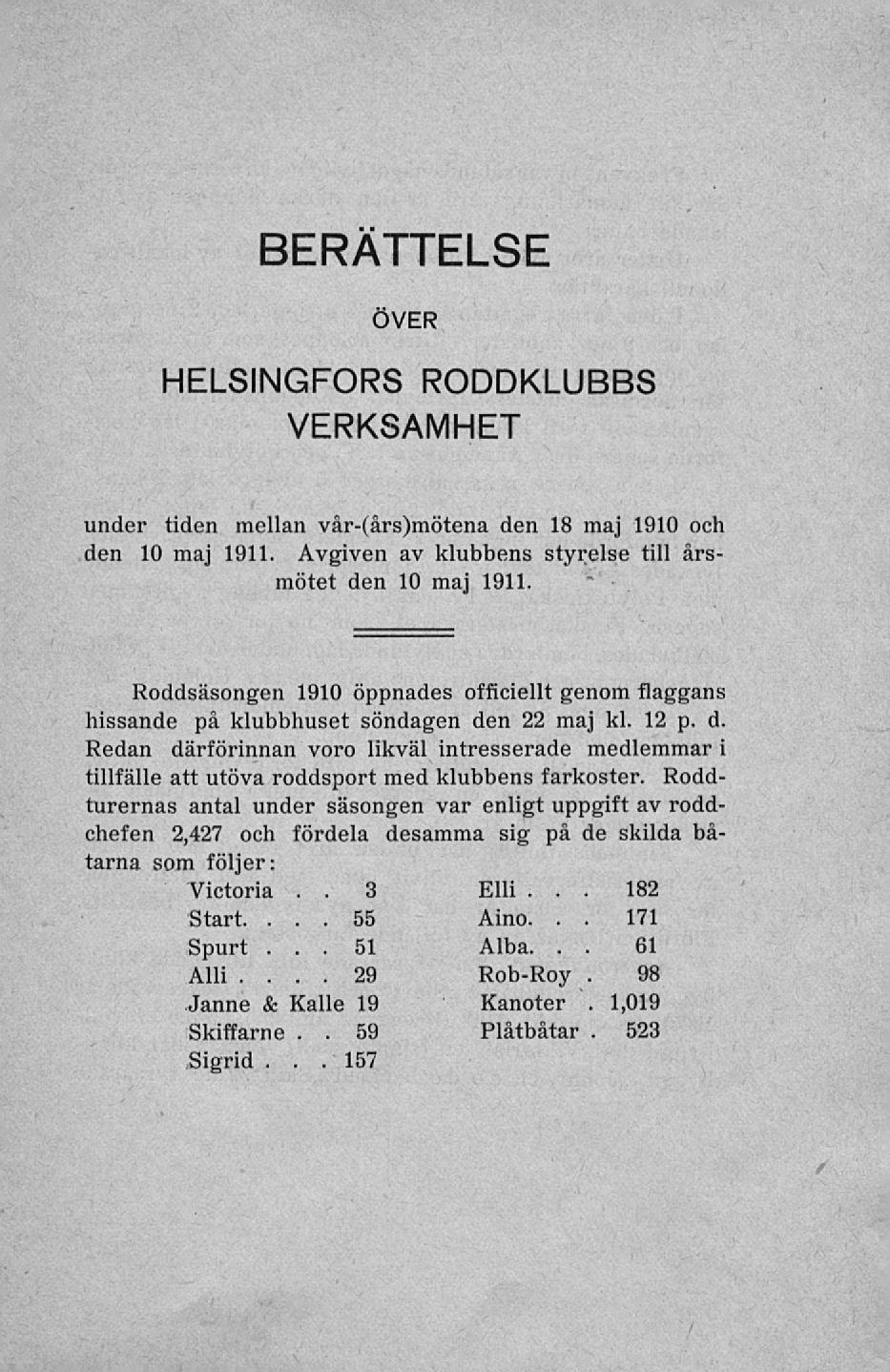 55 51 3 59 BERÄTTELSE ÖVER HELSINGFORS RODDKLUBBS VERKSAMHET under tiden mellan vår-(års)mötena den 18 maj 1910 och den 10 maj 1911 Avgiven av klubbens styrelse till årsmötet den 10 maj 1911