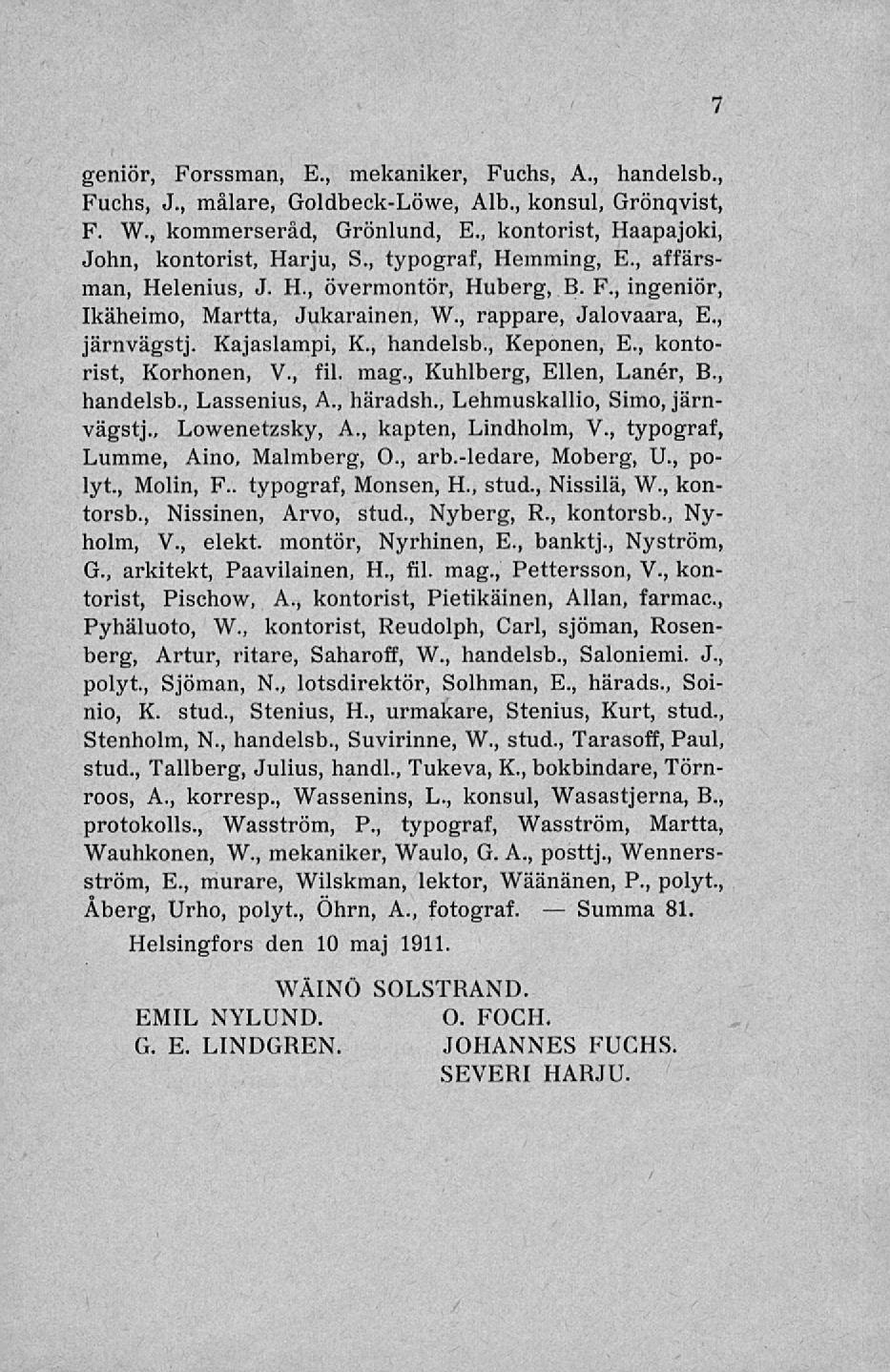 Summa 7 geniör, Forssman, E, mekaniker, Fuchs, A, handelsb, Fuchs, J, målare, Goldbeck-Löwe, Alb, konsul, Grönqvist, F W, kommerseråd, Grönlund, E, kontorist, Haapajoki, John, kontorist, Harju, S,