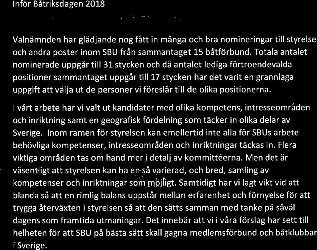 Inför Båtriksdagn 2018 Valnämndn har glädjand nog fått in många och bra nominringar till styrls och andra postr inom SBU från sammantagt 15 båtförbund.